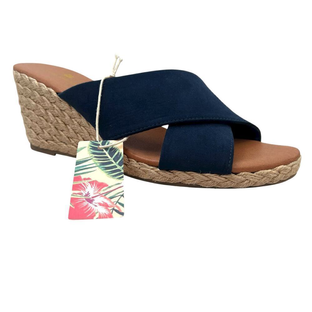 TOMMY BAHAMA Wedge Espadrille Cloth Sandal in Navy Blue & Beige Women's Size 10 - Picture 3 of 10